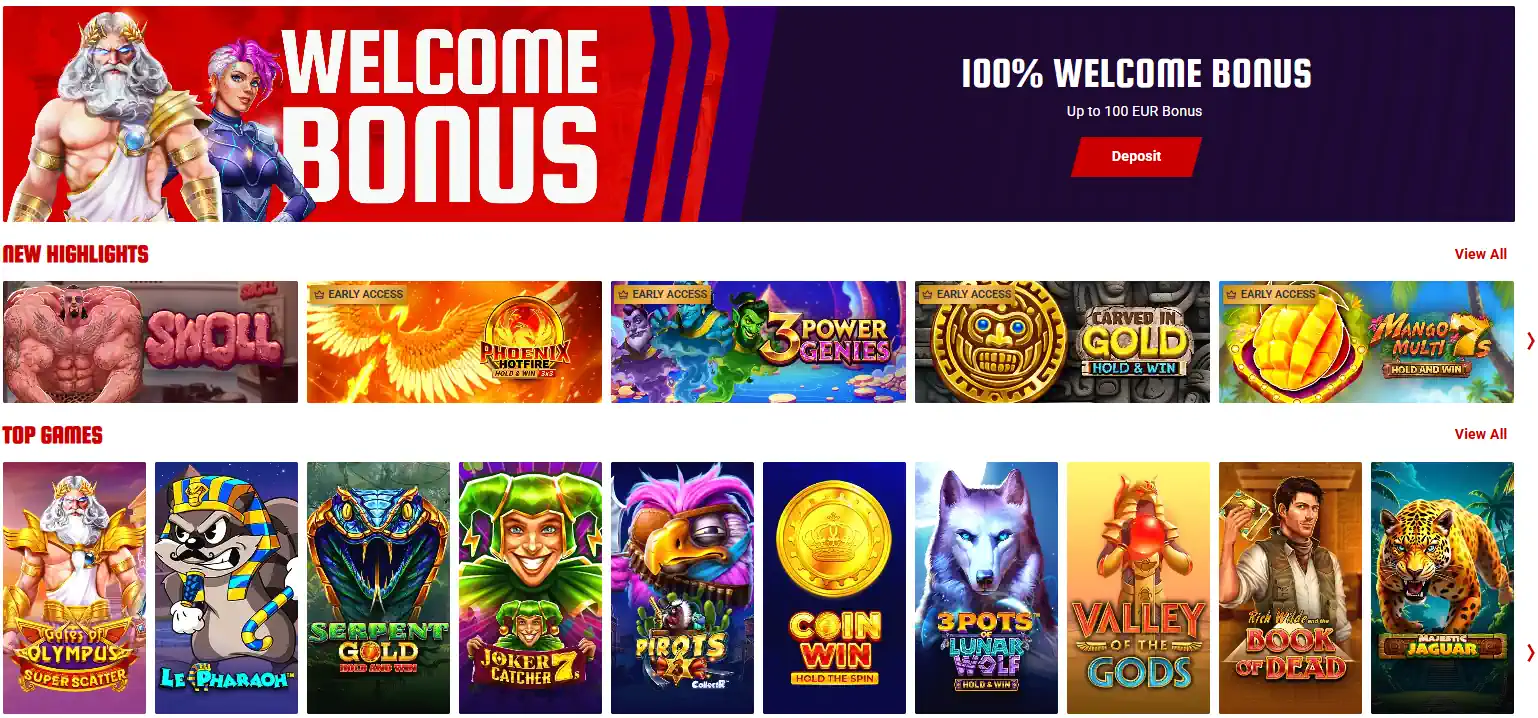 55Bet velkomstbonusbanner og utvalgte casinospill.